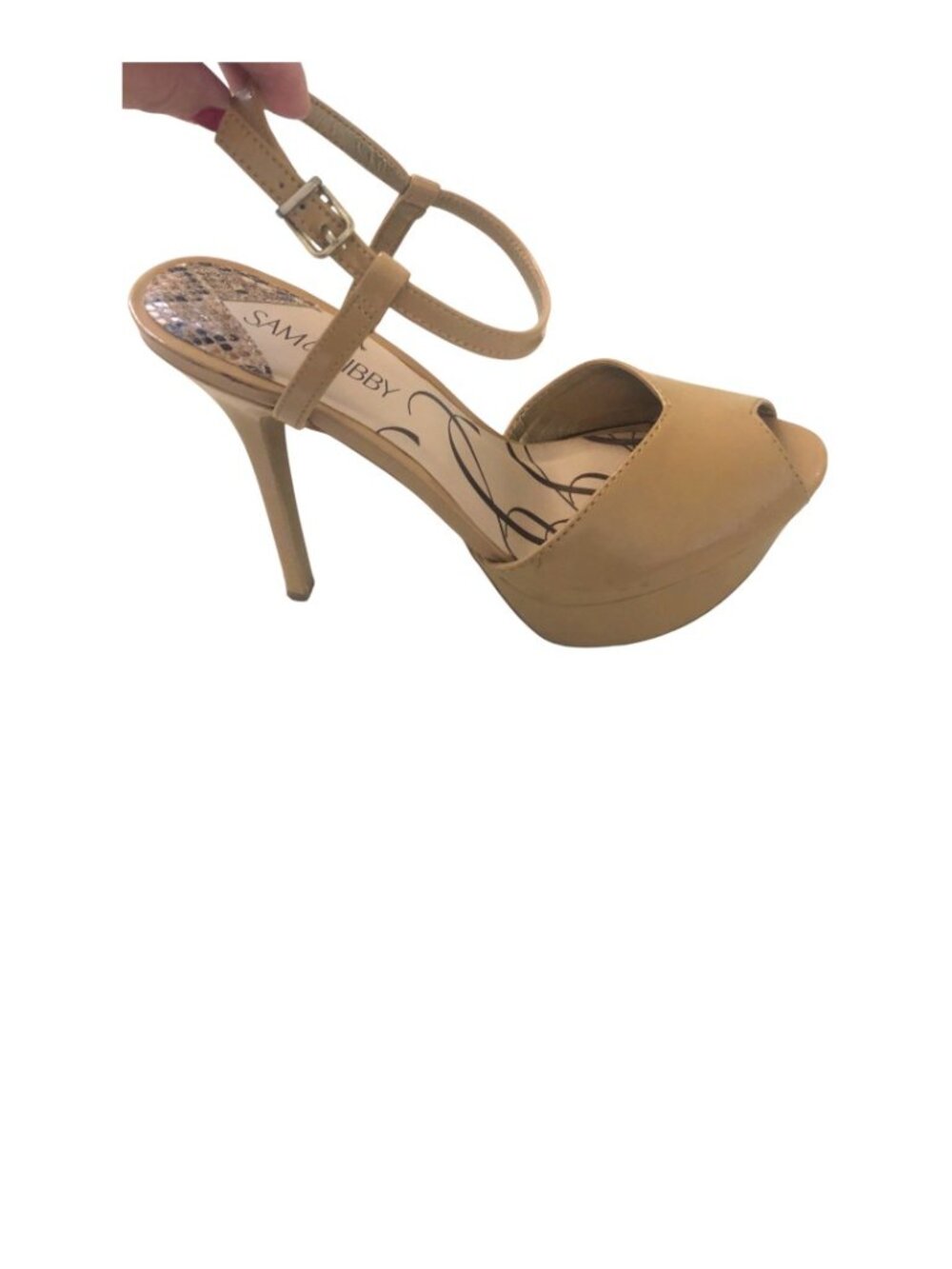 Sam & Libby Tan Patent Leather Peep Toe Platform Stiletto 9.5